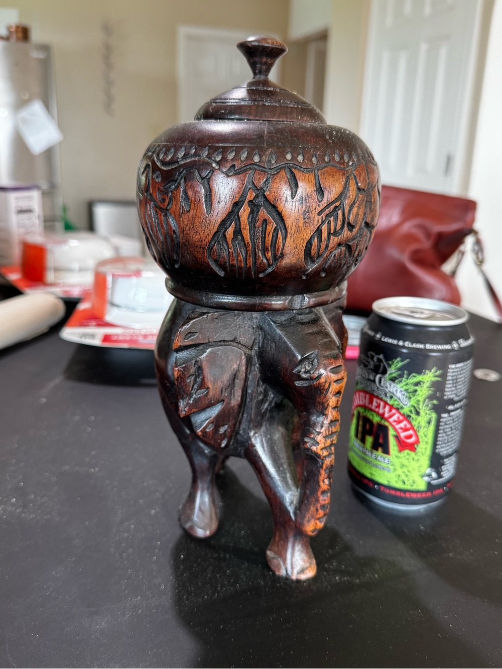 Hand-Carved Wooden Elephant Statue with container and lid